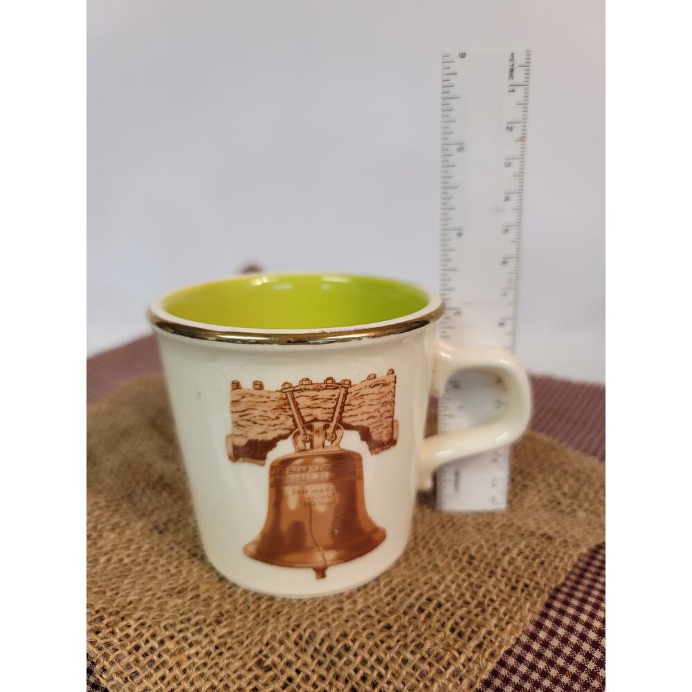 Novelty Liberty Bell Coffee Cup Lime Green Inside Gold Taylor USA